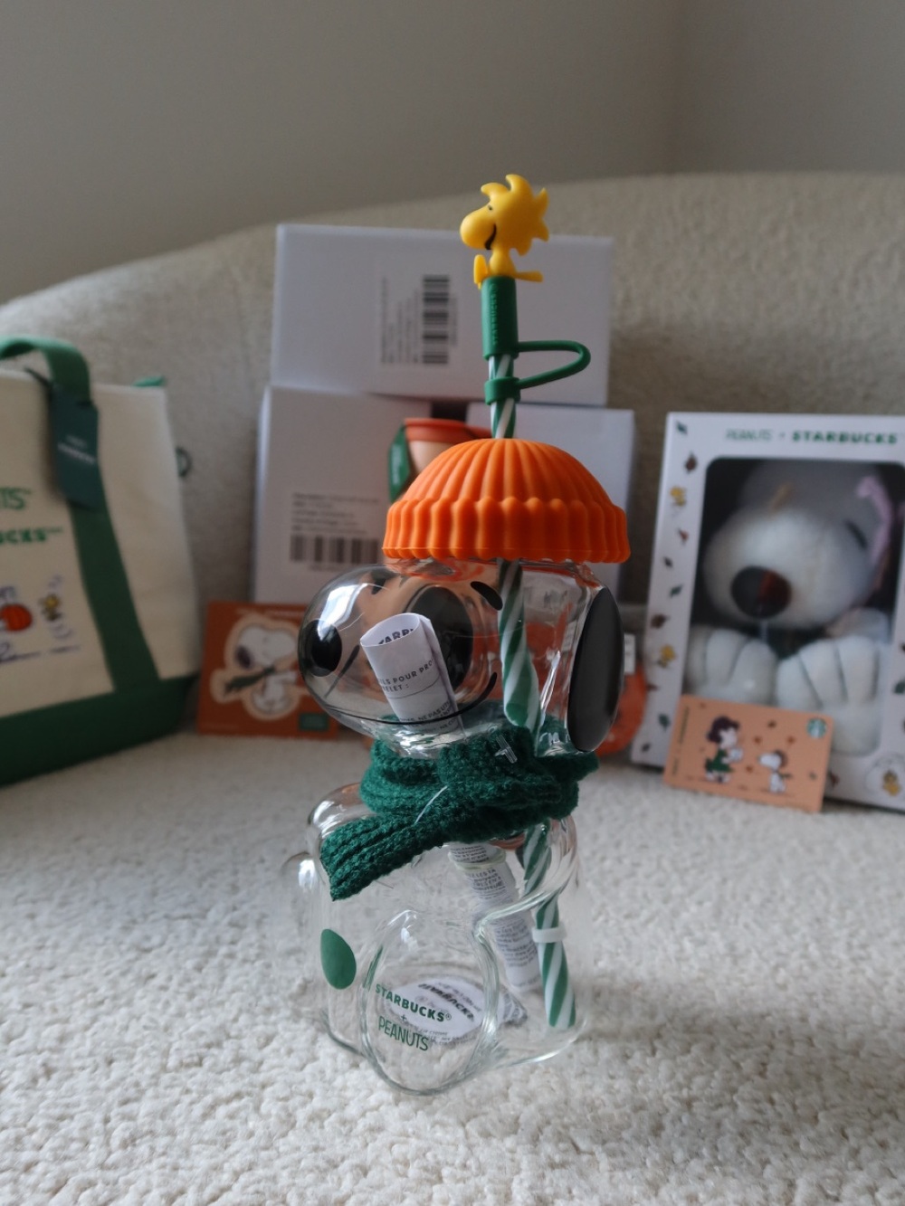 Starbucks Orange & Green Snoopy Glass Cold Cup/Bottle with Woodstock Topper